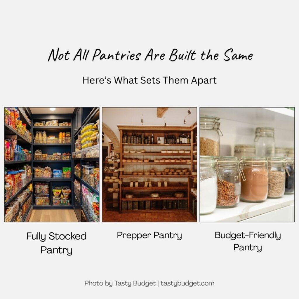 pantry-types-collage-tastybudget Collage showing three types of pantries: a fully stocked pantry, a prepper pantry with bulk storage, and a budget-friendly pantry with simple everyday staples.