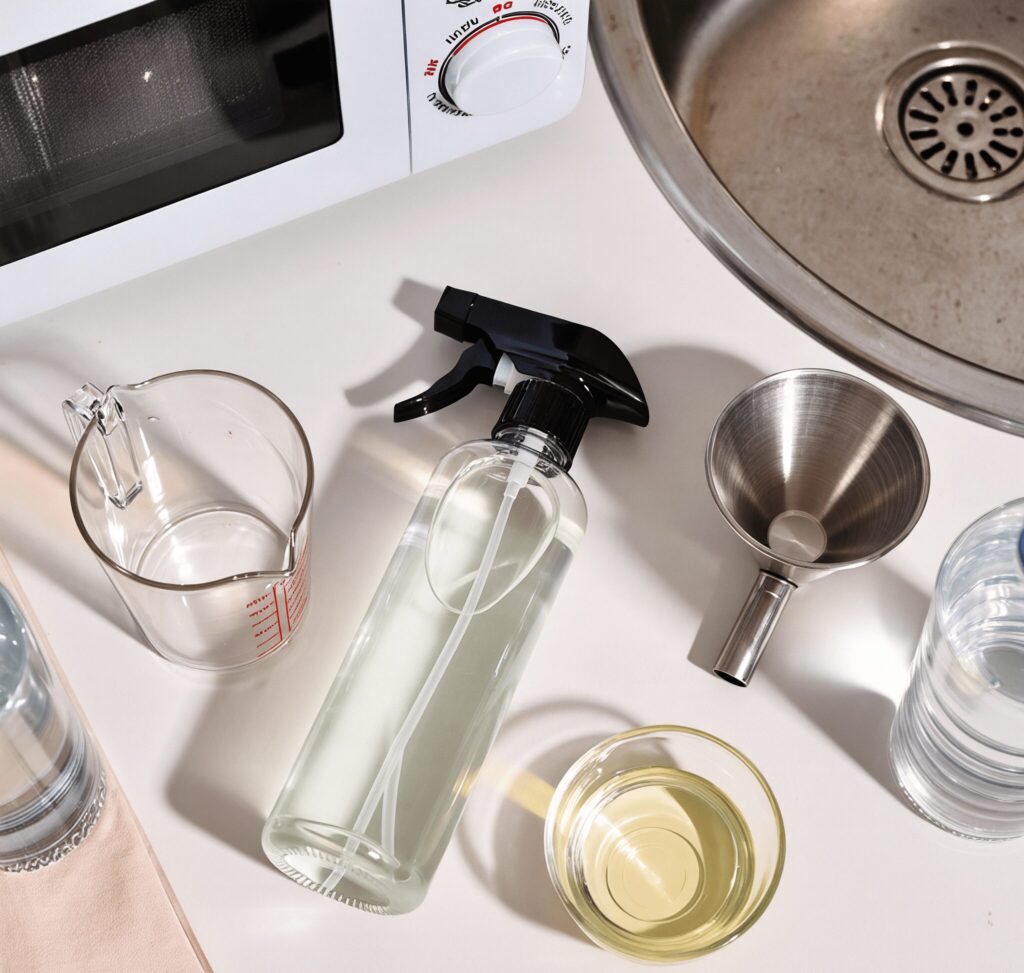 Supplies for making a DIY vinegar cleaning spray including spray bottle, vinegar, water, measuring cup, and funnel on kitchen counter."