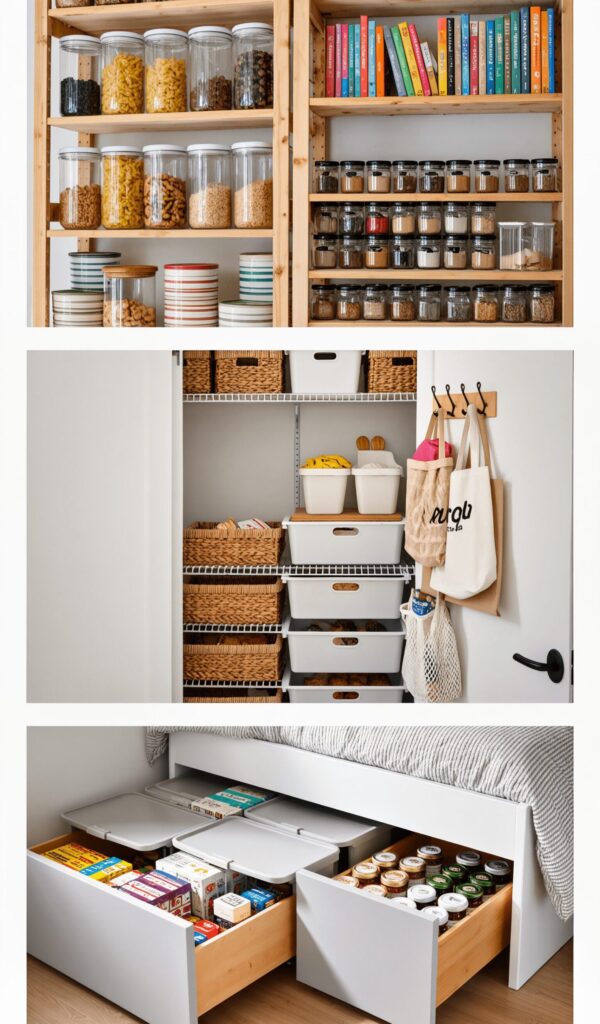 Creative budget-friendly food storage ideas without a pantry, including organized jars on shelves, baskets in a closet, and under-bed storage drawers for canned goods.