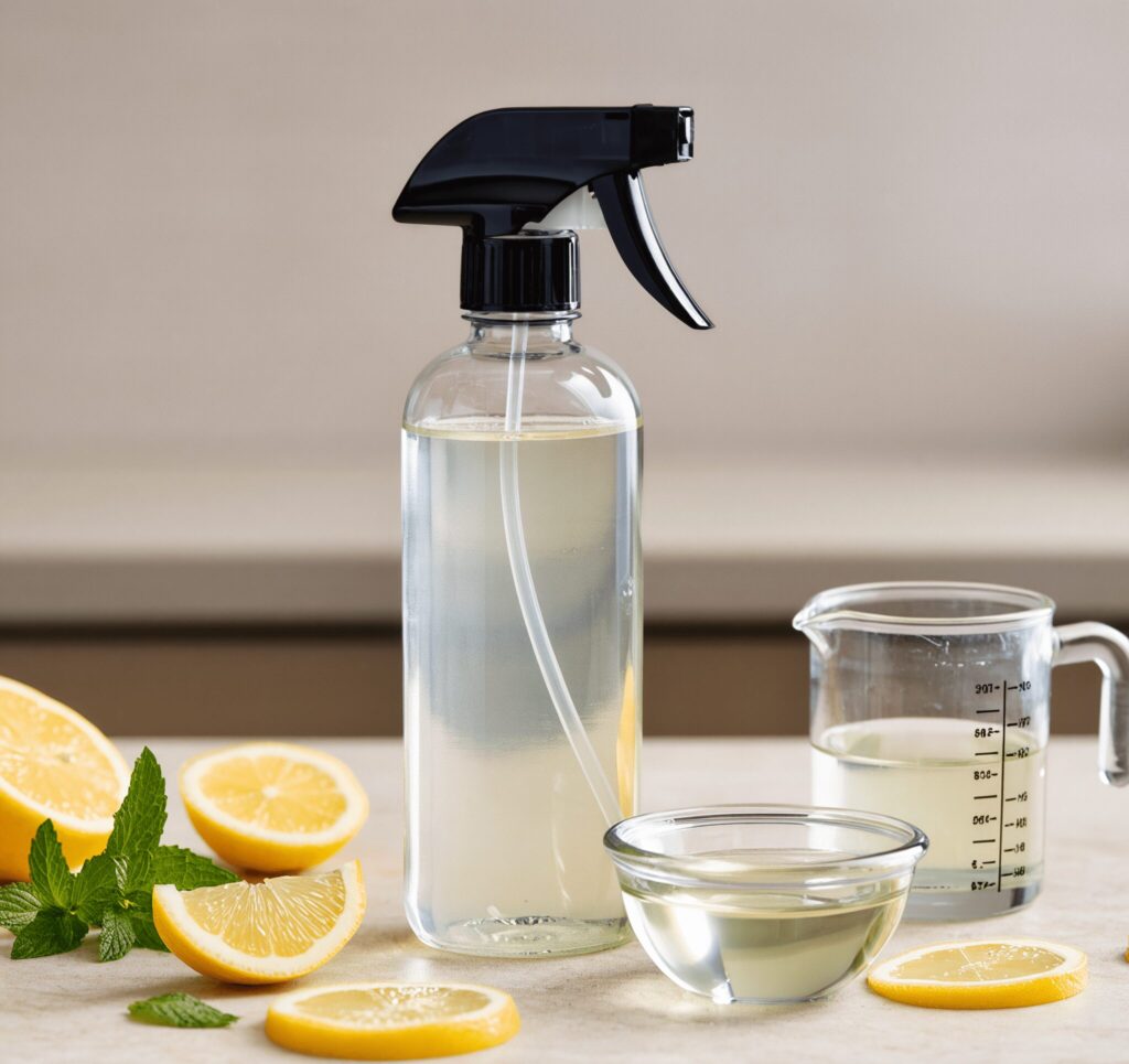 DIY vinegar cleaning spray in a clear spray bottle with measuring cup, glass bowl, and fresh lemon slices on a kitchen counter