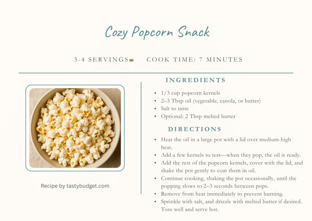 Recipe card for stovetop popcorn with oil, popcorn kernels, and salt.