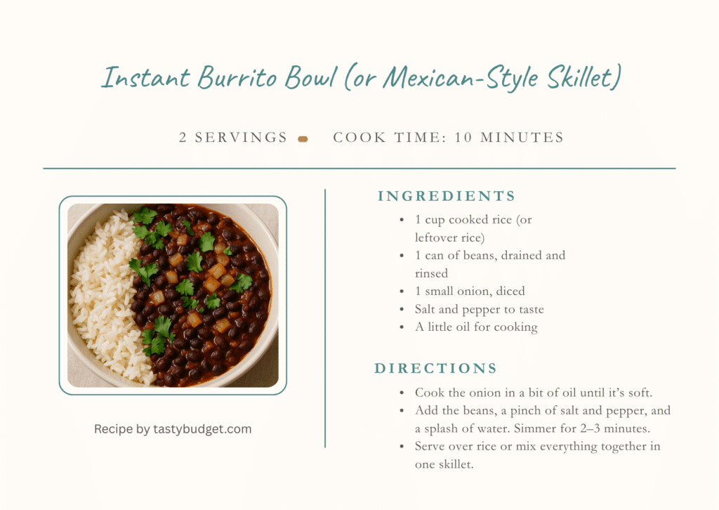 Recipe card for Instant Burrito Bowl with rice, beans, onion, spices, and directions.