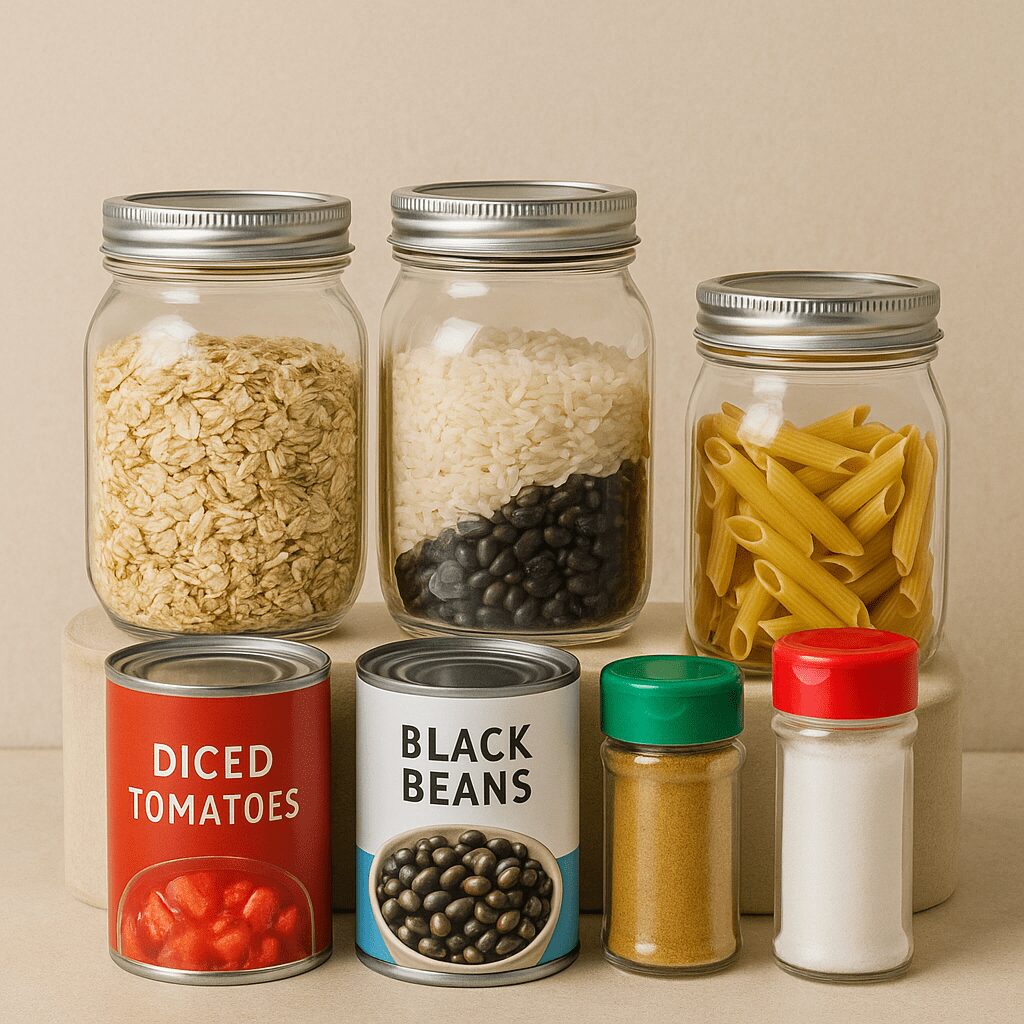 Pantry essentials with jars of oats, rice, beans, pasta, and canned goods on a counter.