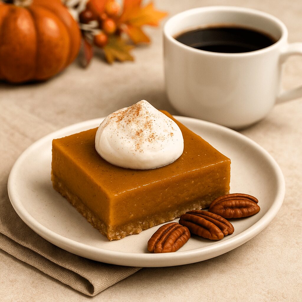 Pumpkin pie bar topped with a dollop of whipped cream and cinnamon, served with pecans and a cup of coffee on a beige countertop with fall decor