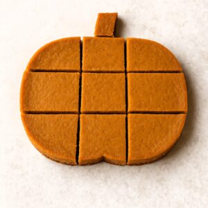 Pumpkin pie bars cut into squares and arranged in the shape of a pumpkin on a light background