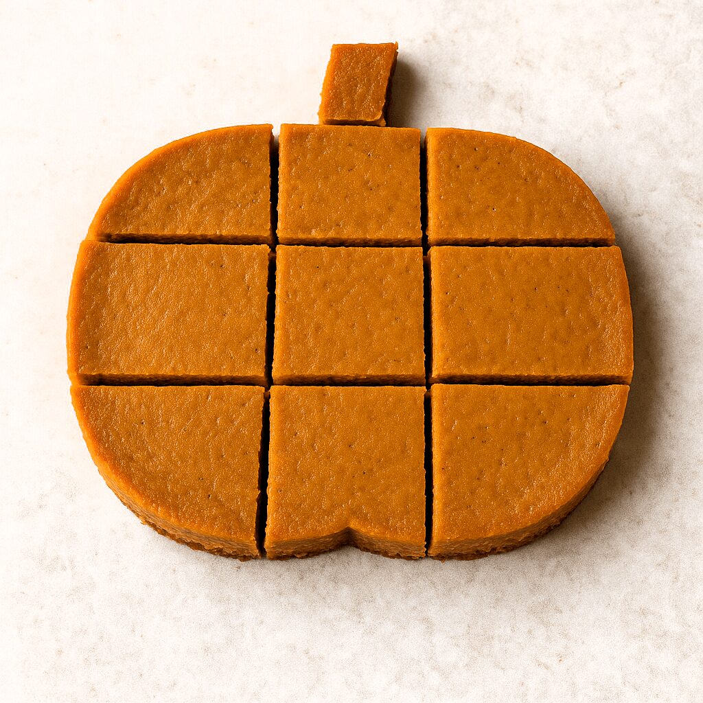 Pumpkin pie bars cut into squares and arranged in the shape of a pumpkin on a light background