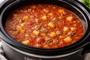 Hearty hamburger soup cooking in a crock pot with ground beef, potatoes, and tomato broth