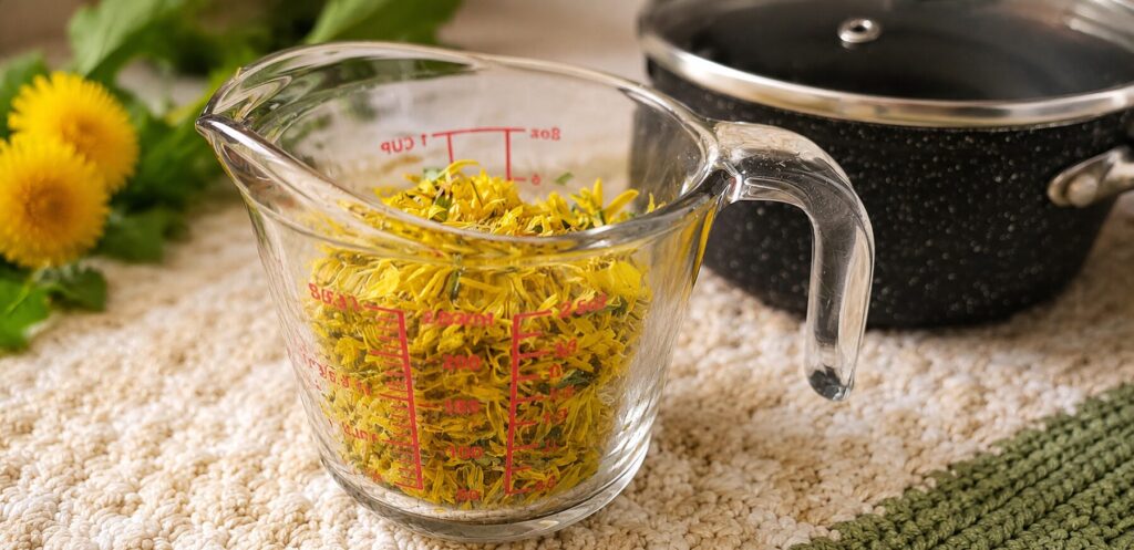 Measuring Dried Dandelion Petals for Tea A glass measuring cup filled with dried dandelion petals on a kitchen countertop, ready for making homemade dandelion ginger tea.